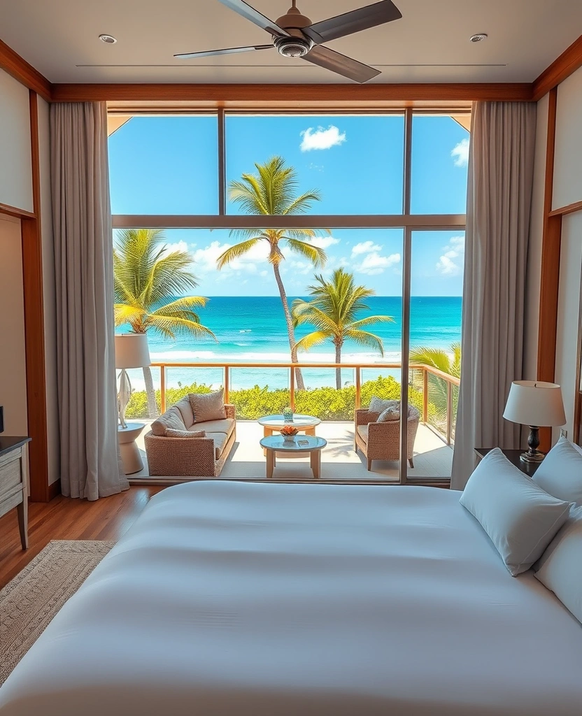 Beachfront suite with panoramic ocean views and elegant tropical decor