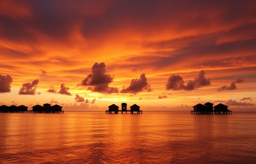 Dramatic Caribbean sunset over the overwater villas