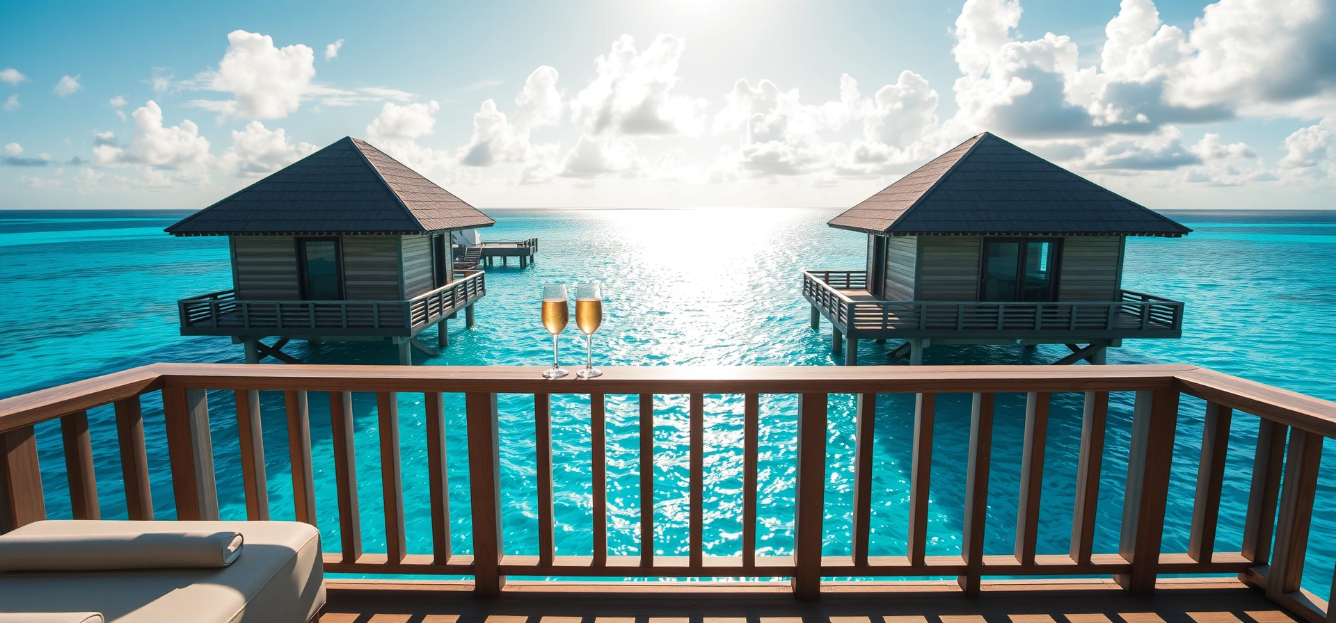 View from overwater villa deck with champagne overlooking turquoise waters