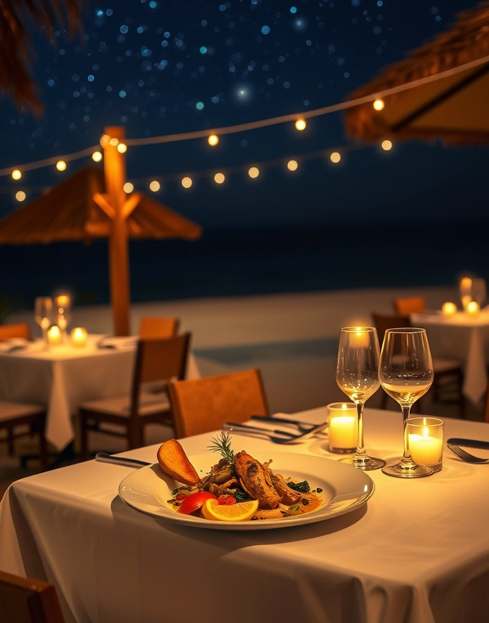 Candlelit beachside fine dining restaurant under the stars