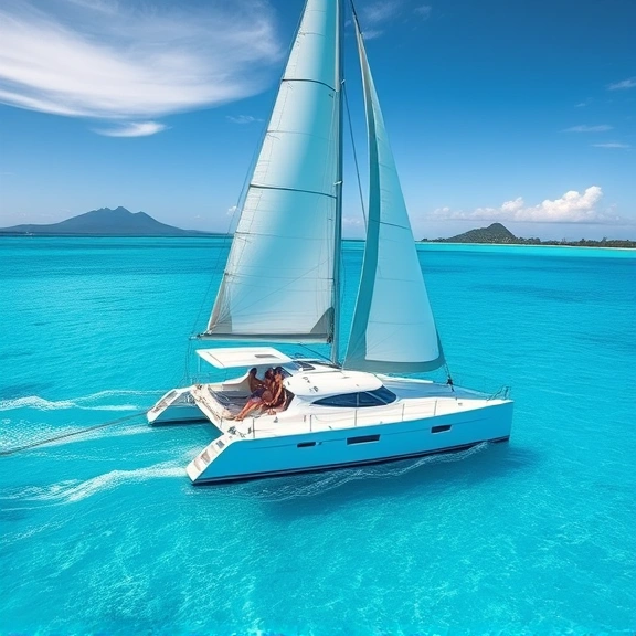 Luxury catamaran sailing through the Exuma island chain