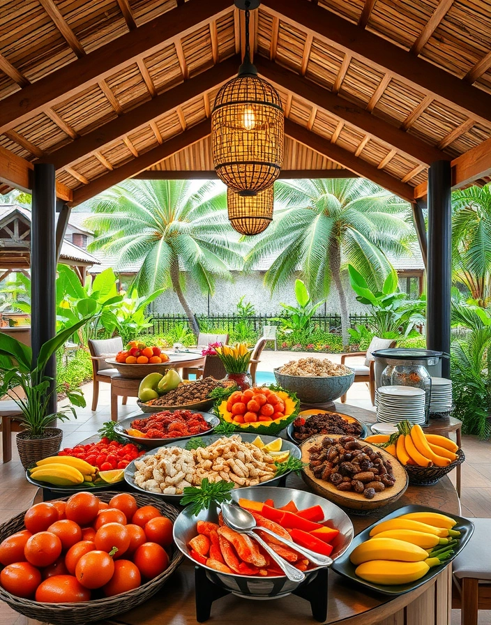Open-air buffet restaurant with fresh Caribbean cuisine