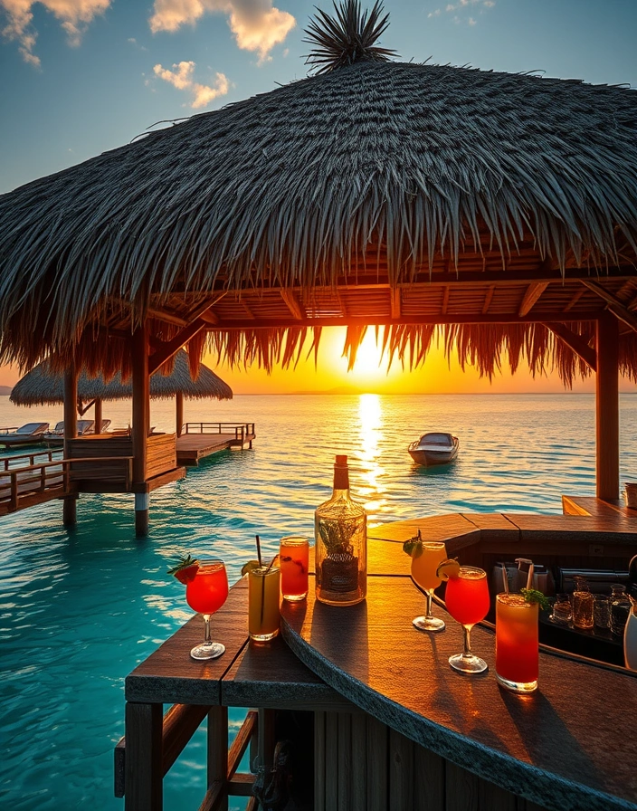 Overwater bar serving tropical cocktails at sunset