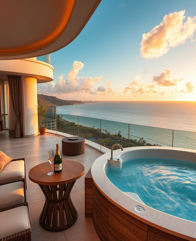 Penthouse suite with wraparound balcony and outdoor soaking tub