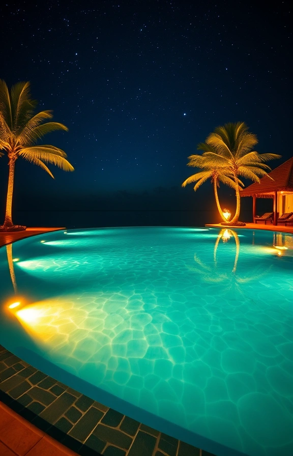 Illuminated infinity pool under starry Caribbean sky