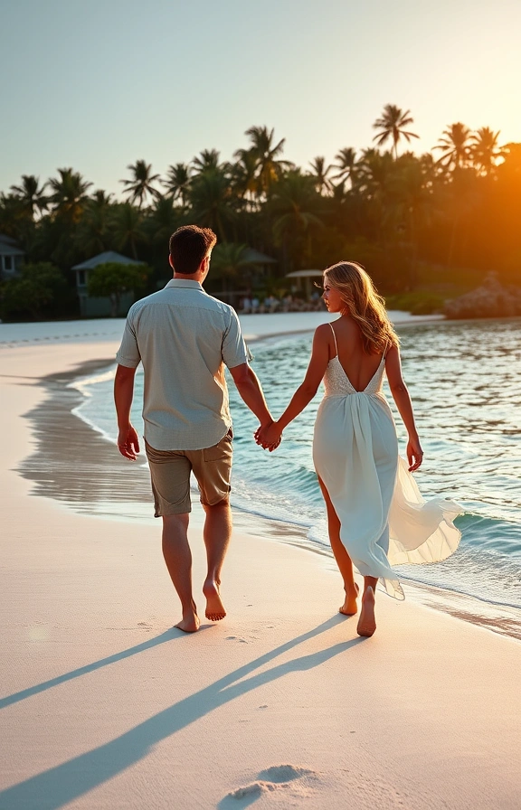 Romantic couple strolling along pristine white sand beach