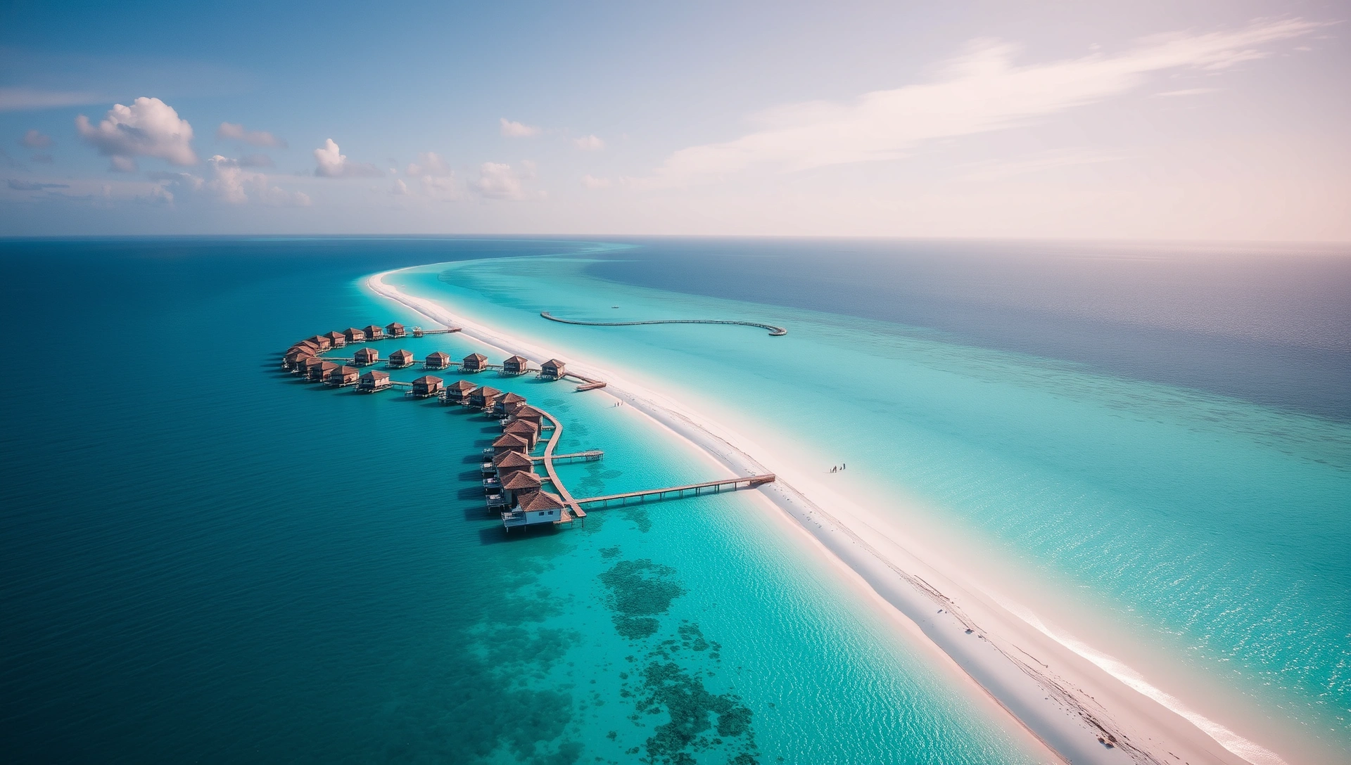 Aerial view of turquoise Caribbean waters with overwater villas at Sandals Exuma